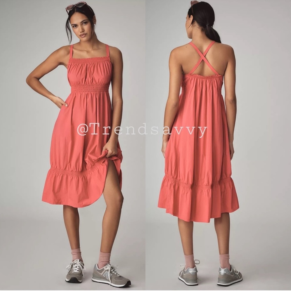 Anthropologie Daily Practice Rose Pink Smocked High Low Midi Dress Small Boho